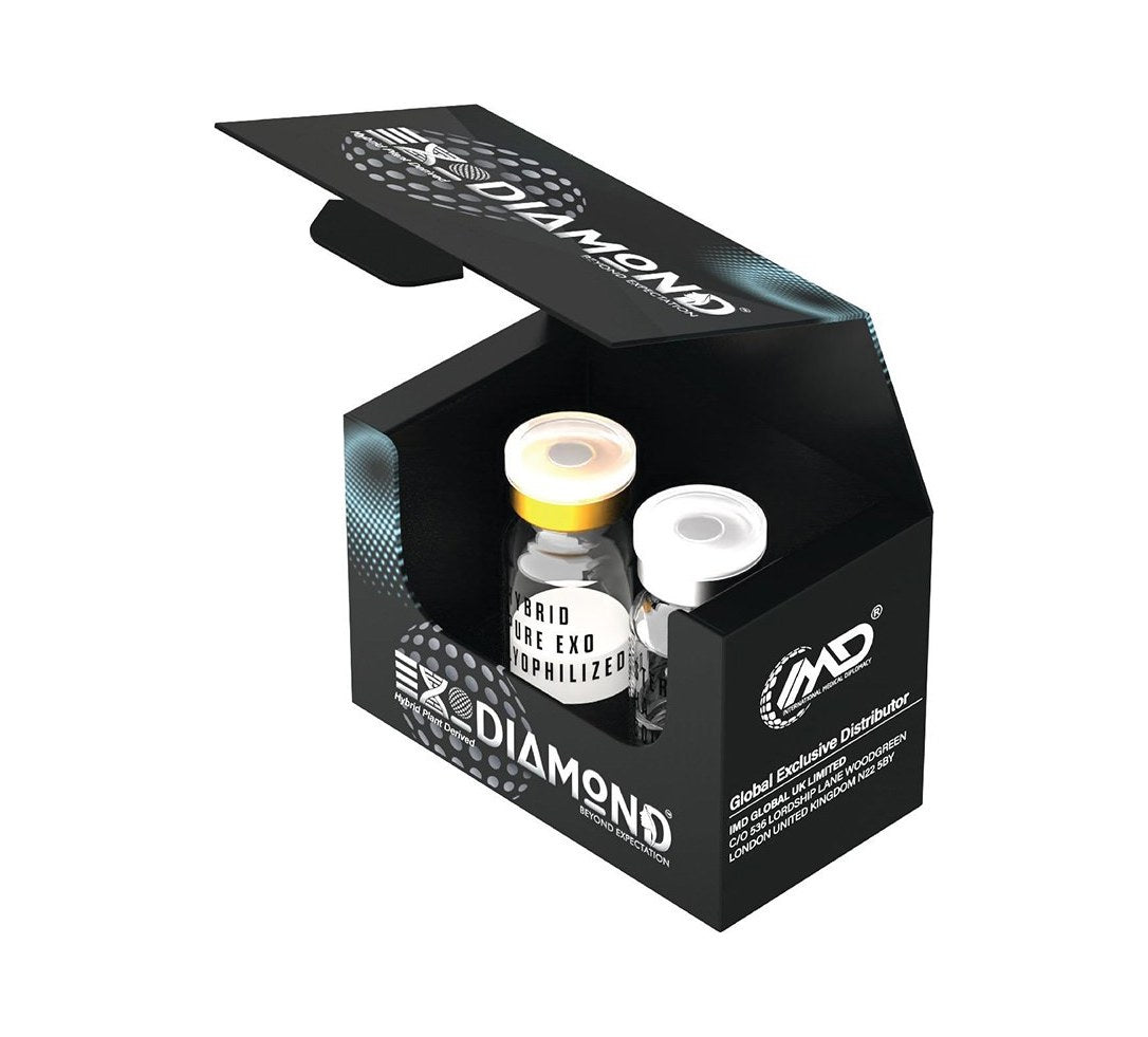 ExoDiamond Hybrid Trio Exosomes box, open, with vials